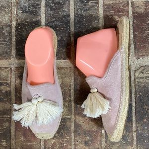 Soludos Women Pink Suede Espadrilles Off White Tassels Pom Pom Mules Slides Sz 8